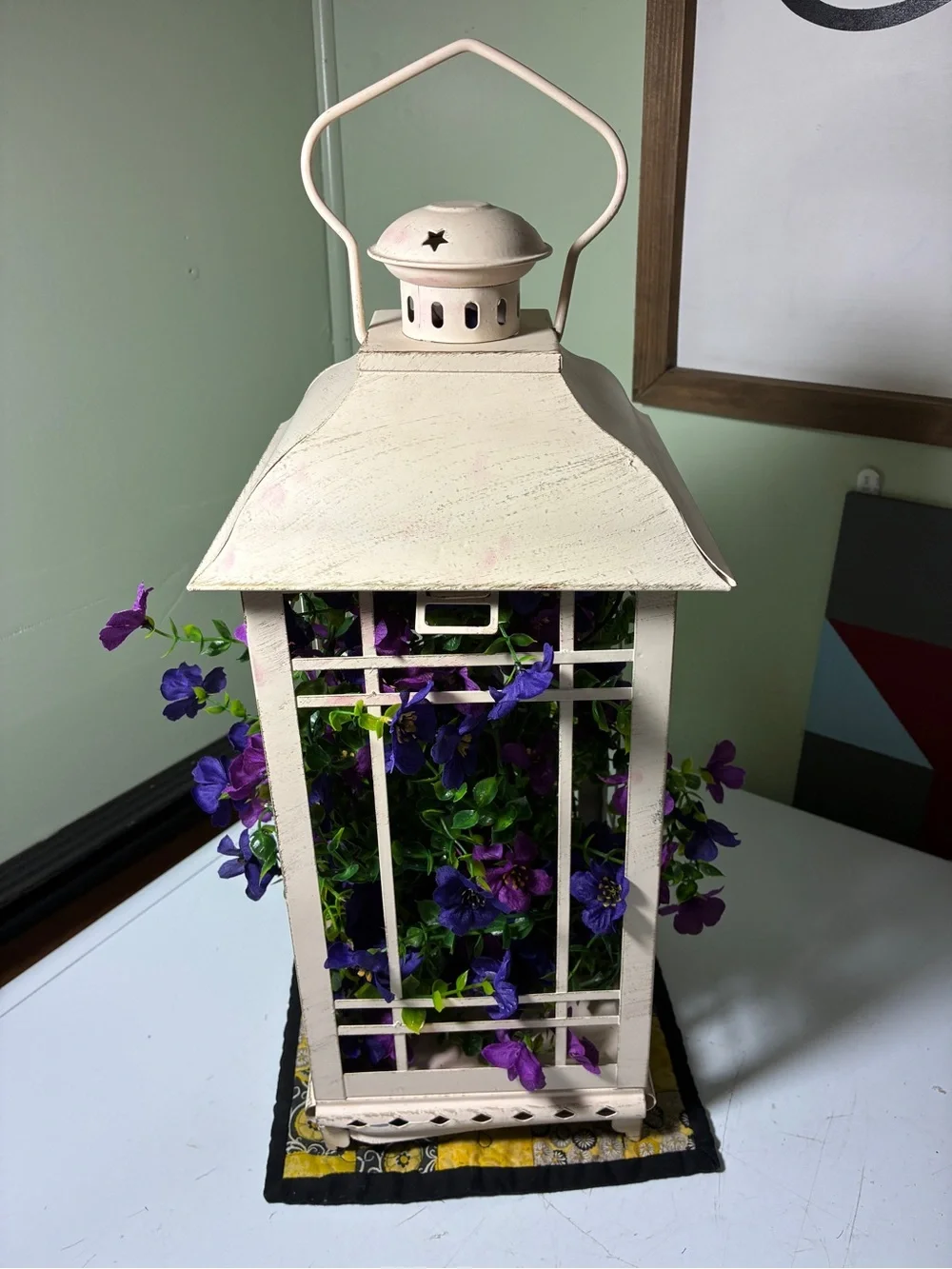 Cream Metal Lantern Decorative Accent 20” tall 6.5” wide